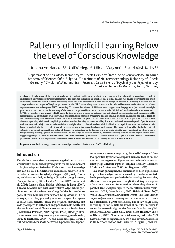 (PDF) Patterns of Implicit Learning Below the Level of Conscious Knowledge
