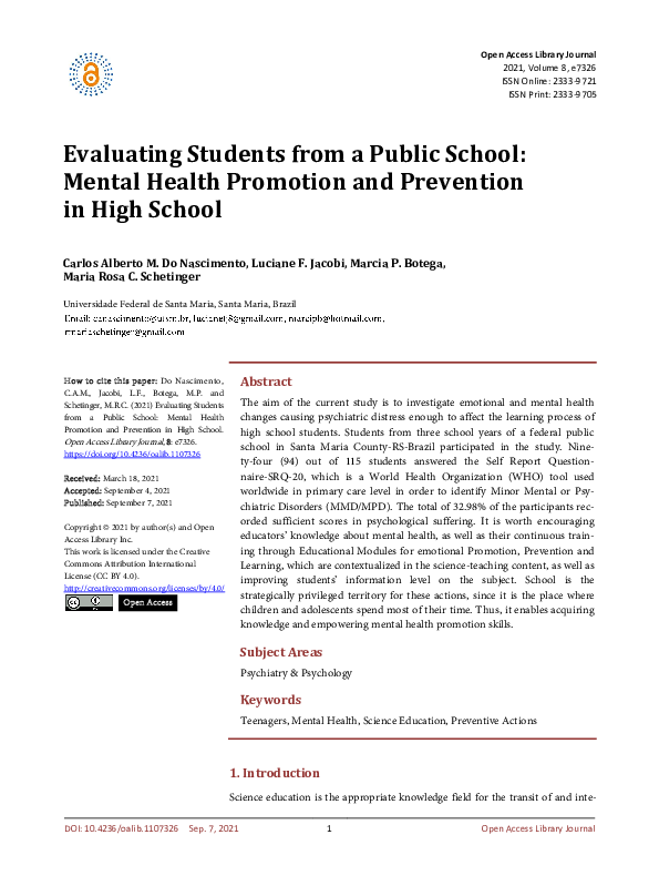 (PDF) Evaluating Students from a Public School: Mental Health Promotion ...