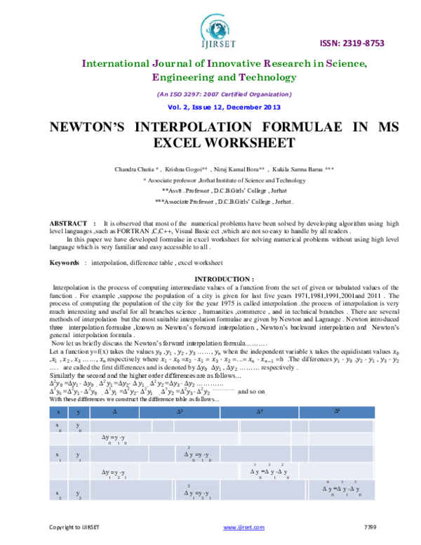 (PDF) Newtons Interpolation Formulae in MS Excel Worksheet