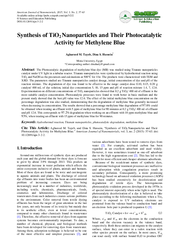 (PDF) Synthesis of TiO 2 Nanoparticles and Their Photocatalytic ...