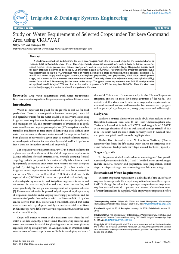 (PDF) Study on Water Requirement of Selected Crops under Tarikere ...