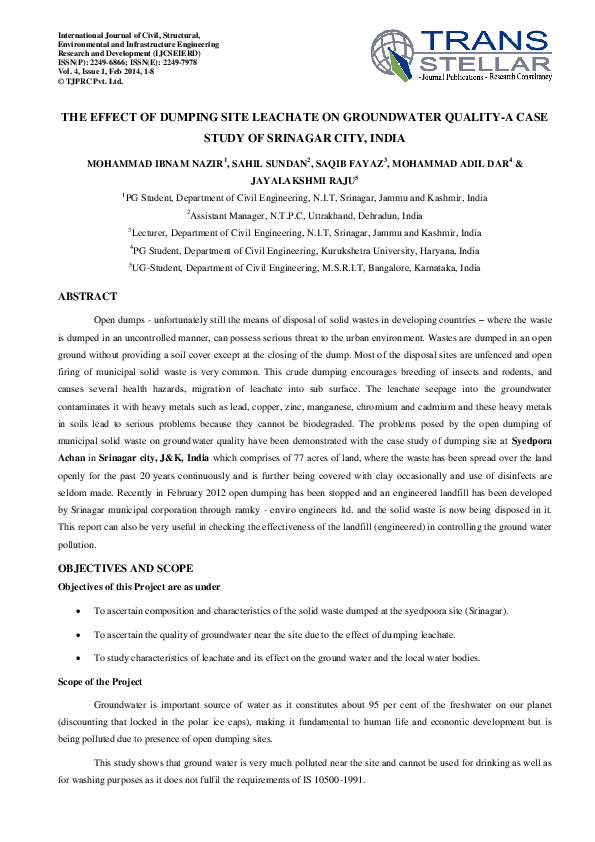 (PDF) The Effect of Dumping Site Leachate on Groundwater Quality-A Case ...