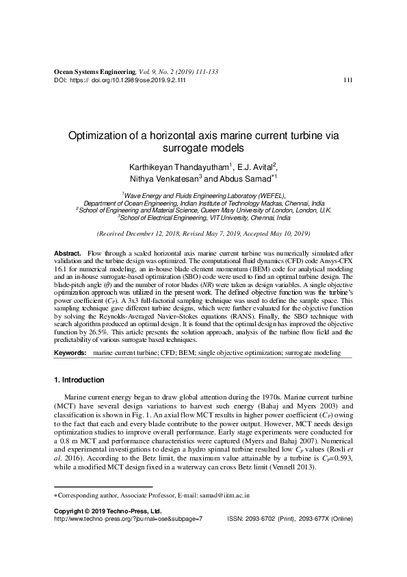 (PDF) Optimization of a horizontal axis marine current turbine via ...