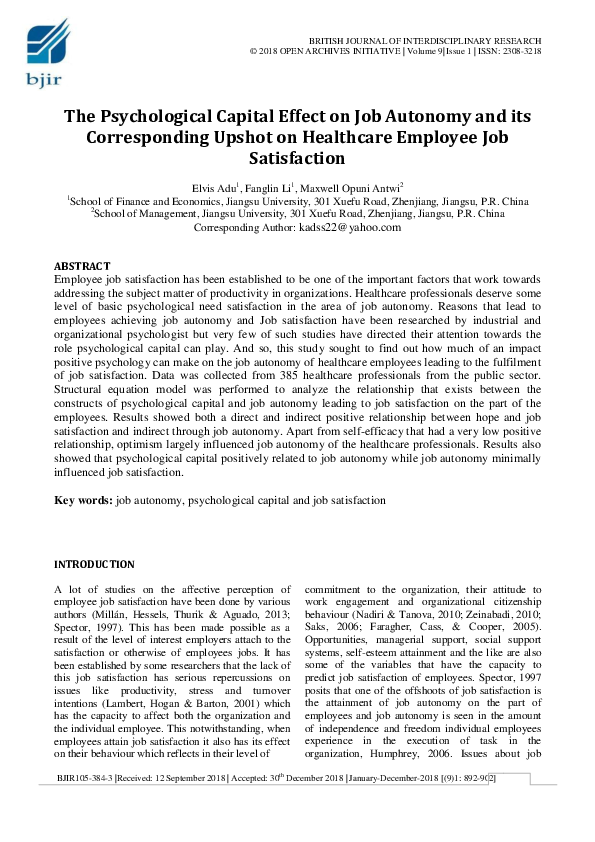 (PDF) The Psychological Capital Effect on Job Autonomy and Its ...