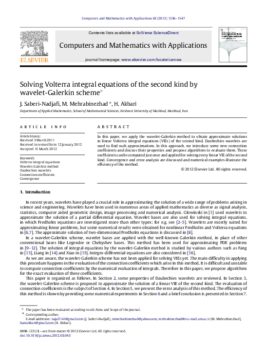 (PDF) Solving Volterra integral equations of the second kind by wavelet ...