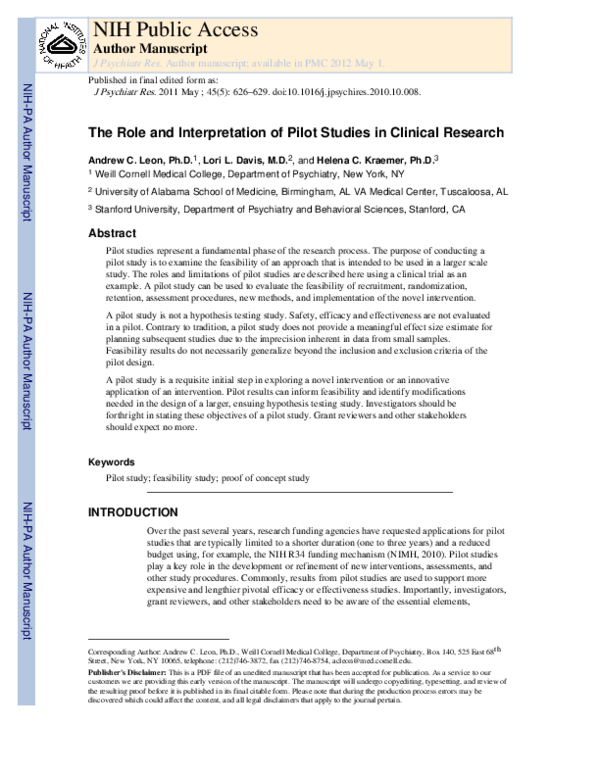 (PDF) The role and interpretation of pilot studies in clinical research