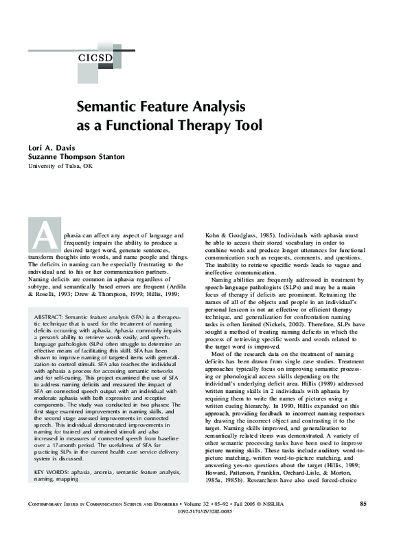 (PDF) Semantic Feature Analysis as a Functional Therapy Tool