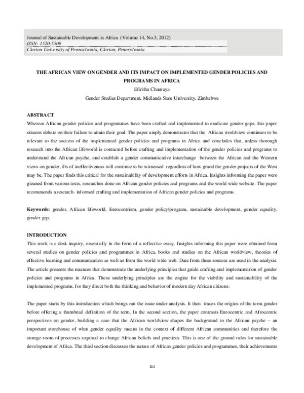 (PDF) The African View on Gender and Its Impact on Implemented Gender ...