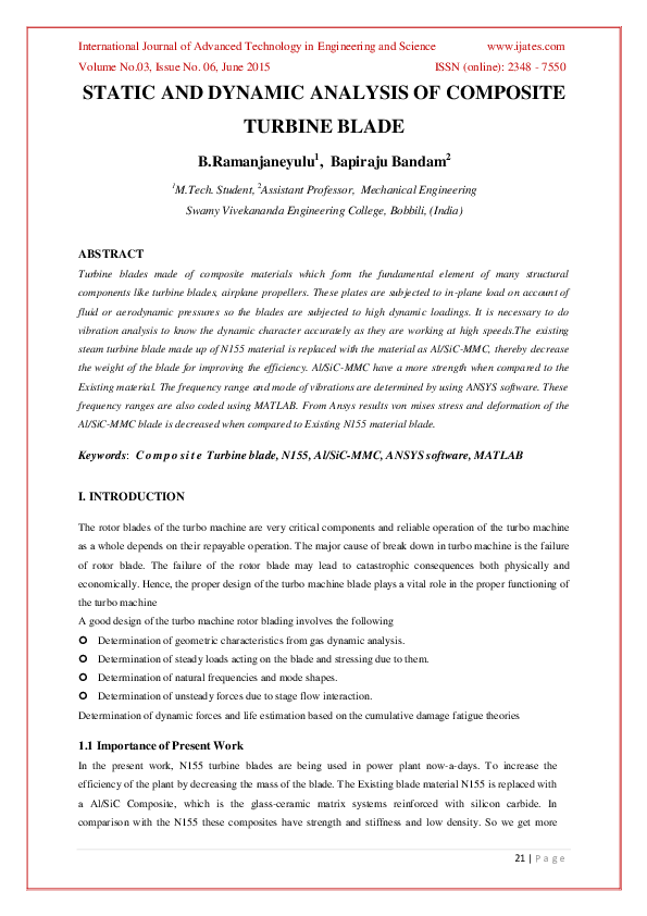 (PDF) Static and Dynamic Analysis of Composite Turbine Blade