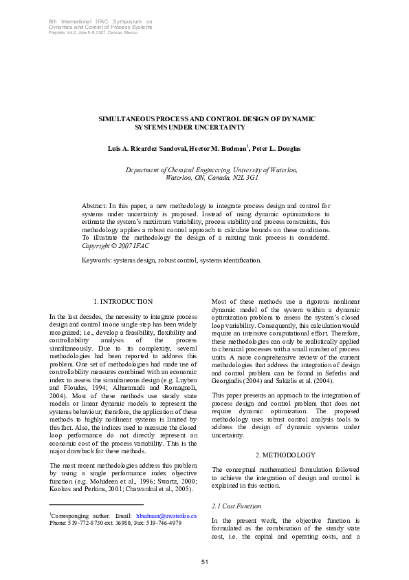(PDF) Simultaneous process and control design of dynamic systems under ...