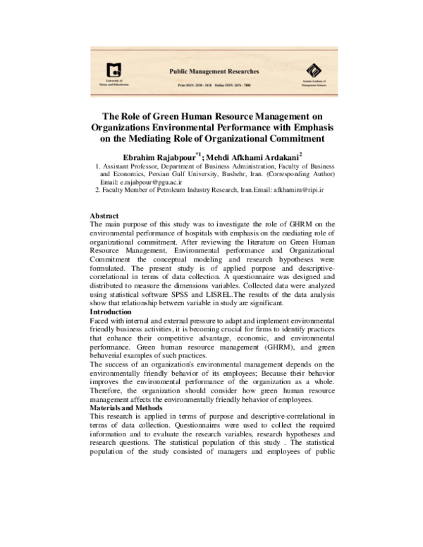 (PDF) The Role of Green Human Resource Management on Organizations ...