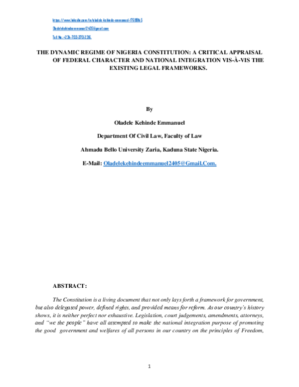 (PDF) THE DYNAMIC REGIME OF NIGERIA CONSTITUTION: A CRITICAL APPRAISAL ...