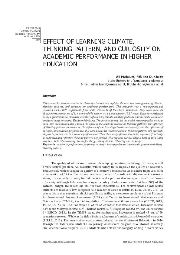 (PDF) Effect of Learning Climate, Thinking Pattern, and Curiosity on ...