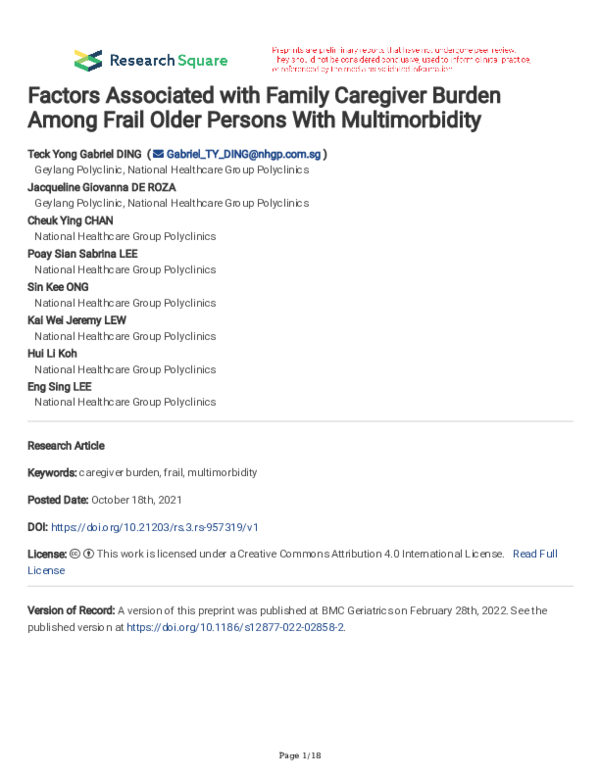 (PDF) Factors Associated with Family Caregiver Burden Among Frail Older ...