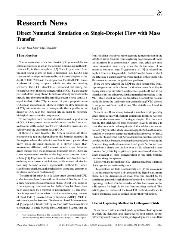 (PDF) Direct Numerical Simulation on Single-Droplet Flow with Mass Transfer