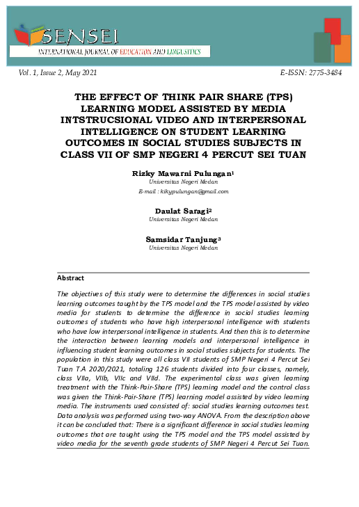 (PDF) The Effect of Think Pair Share (TPS) Learning Model Assisted by ...