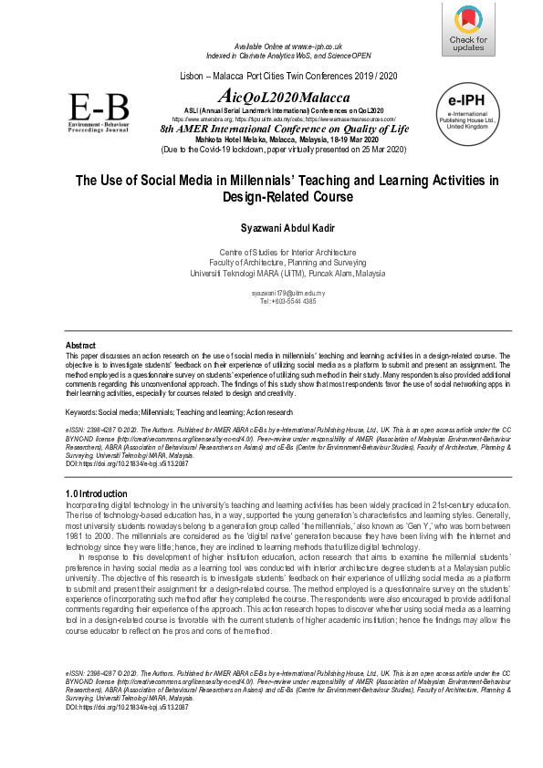 (PDF) The Use of Social Media in Millennials’ Teaching and Learning ...