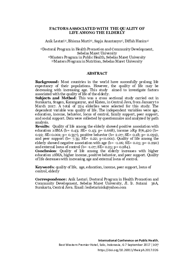 (PDF) Factors Associated with the Quality of Life Among the Elderly