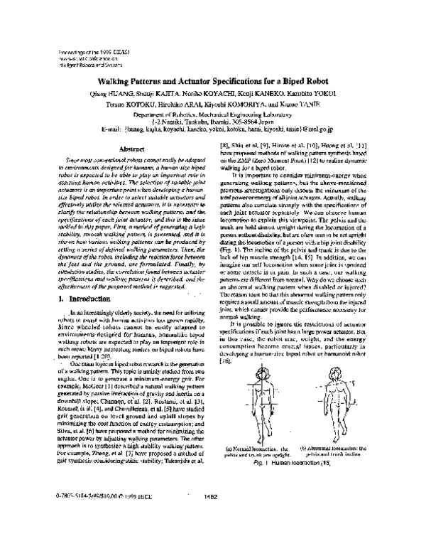 (PDF) Walking patterns and actuator specifications for a biped robot