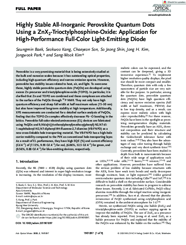 (PDF) Highly Stable All-Inorganic Perovskite Quantum Dots Using a ZnX 2 ...