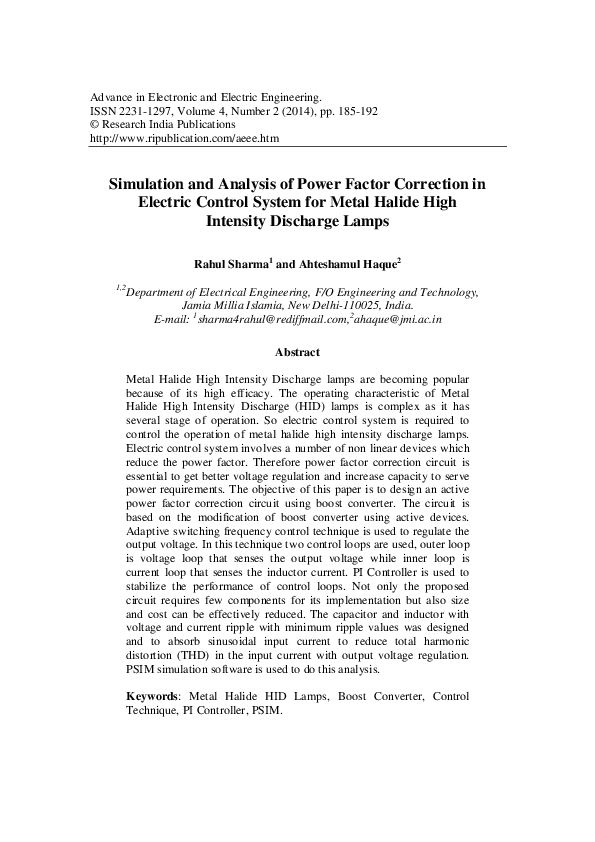 (PDF) Simulation and Analysis of Power Factor Correction in Electric ...