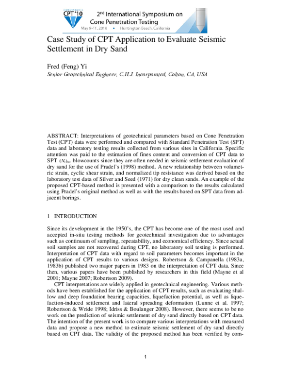 (PDF) Case Study of CPT Application to Evaluate Seismic Settlement in ...