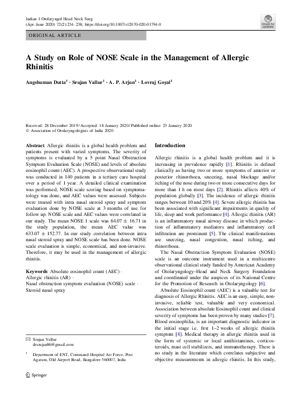 (PDF) A Study on Role of NOSE Scale in the Management of Allergic Rhinitis