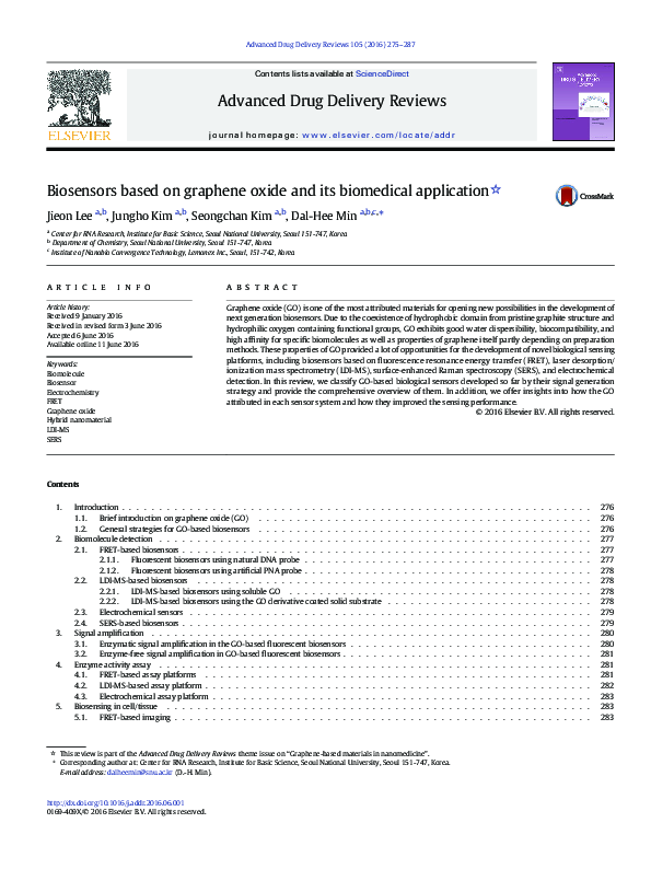 (PDF) Biosensors based on graphene oxide and its biomedical application