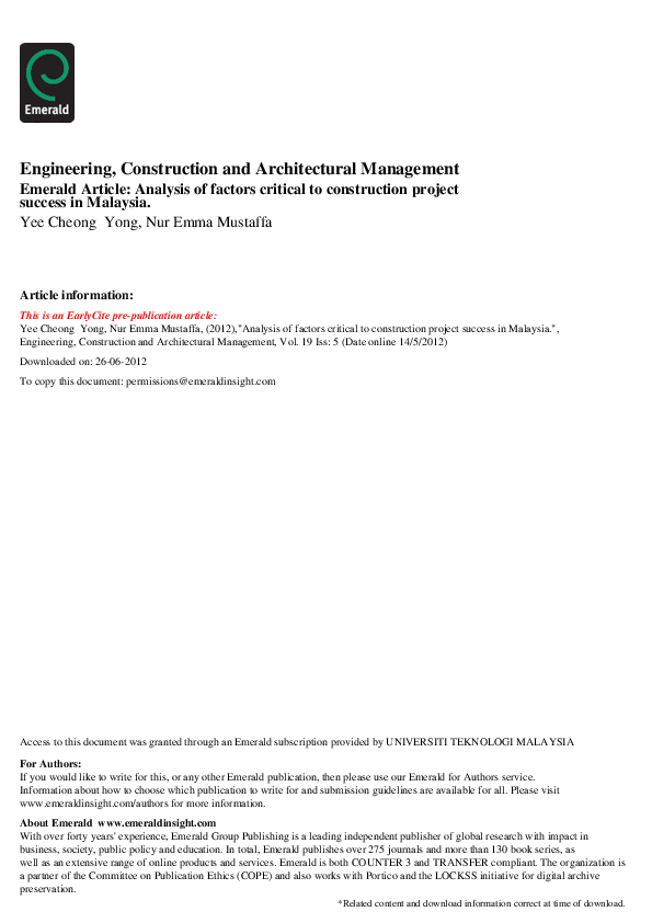 (PDF) Analysis of factors critical to construction project success in ...