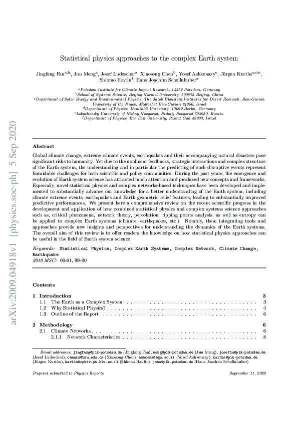 (PDF) Statistical physics approaches to the complex Earth system
