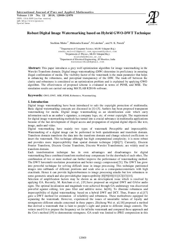 (PDF) Robust Digital Image Watermarking based on Hybrid GWO-DWT Technique
