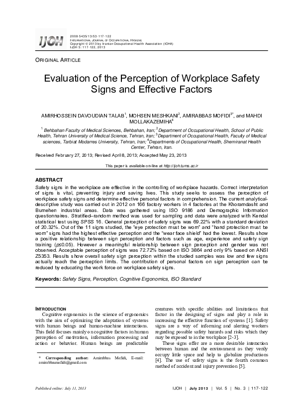 (PDF) Evaluation of the Perception of Workplace Safety Signs and ...