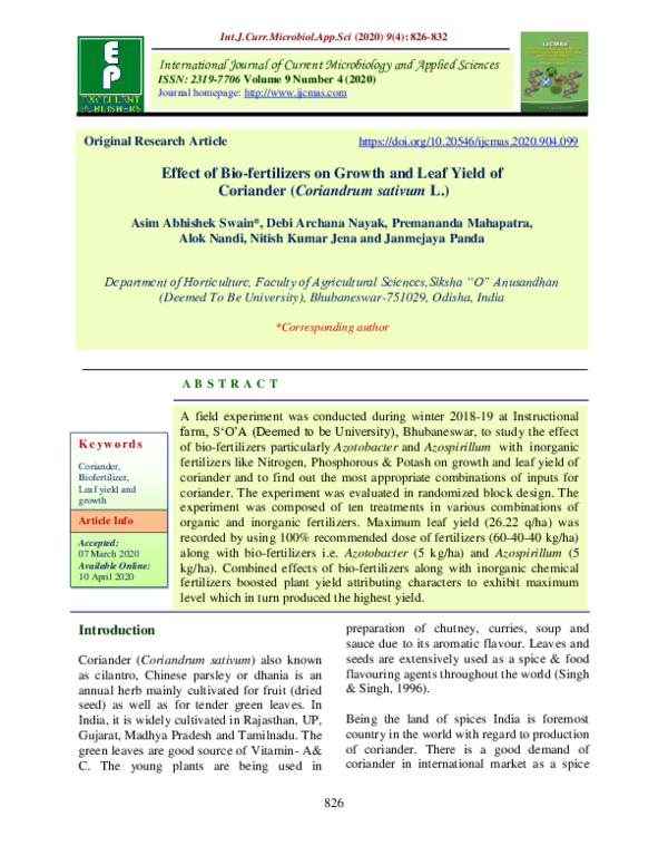 (PDF) Effect of Bio-fertilizers on Growth and Leaf Yield of Coriander ...