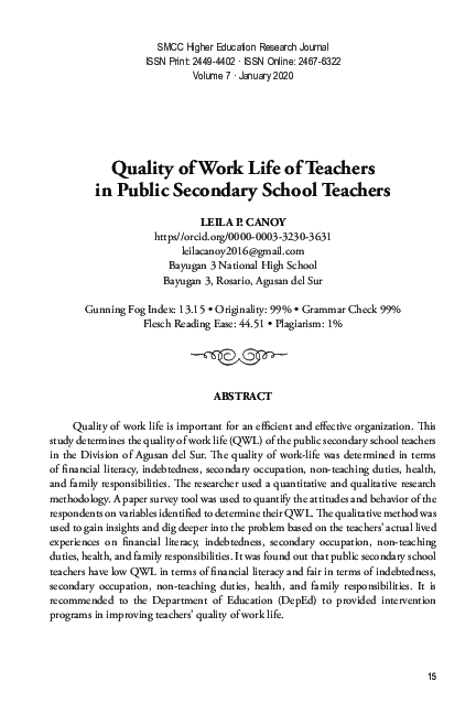 (PDF) Quality of Work Life of Teachers in Public Secondary School Teachers