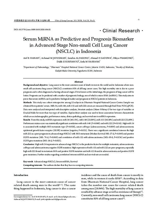 (PDF) Serum MiRNA as Predictive and Prognosis Biomarker in Advanced ...