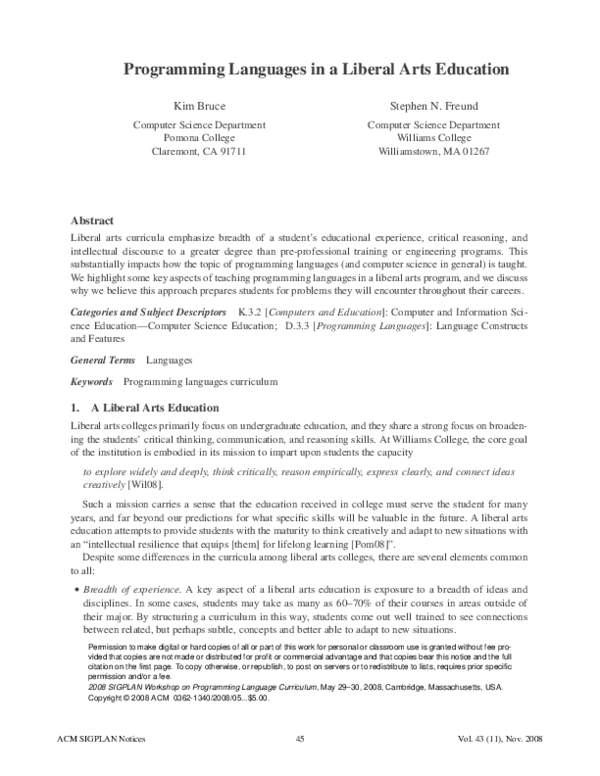 (PDF) Programming languages in a liberal arts education
