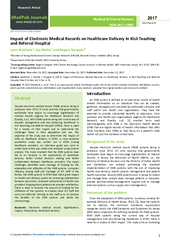 (PDF) Impact of Electronic Medical Records on Healthcare Delivery in ...