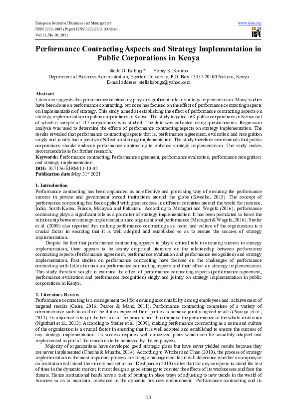 (PDF) Performance Contracting Aspects and Strategy Implementation in ...