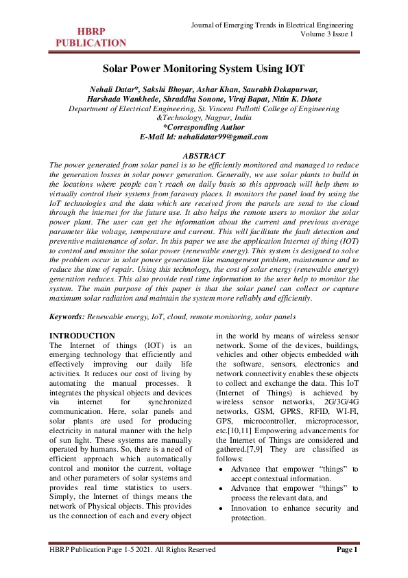 (PDF) Solar Power Monitoring System Using IOT