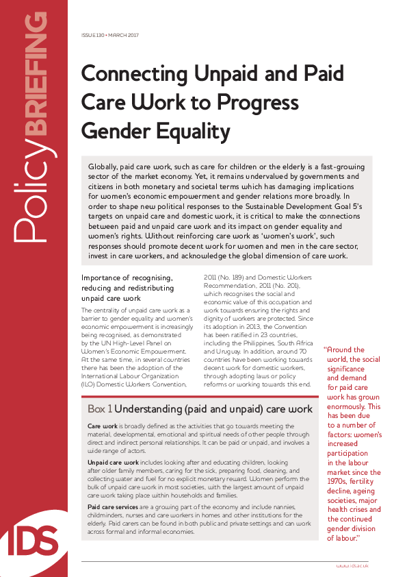 (PDF) Connecting Unpaid and Paid Care Work to Progress Gender Equality