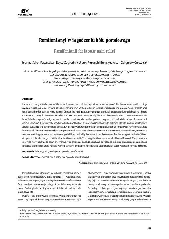 (PDF) Remifentanyl w łagodzeniu bólu porodowego Remifentanil for labour