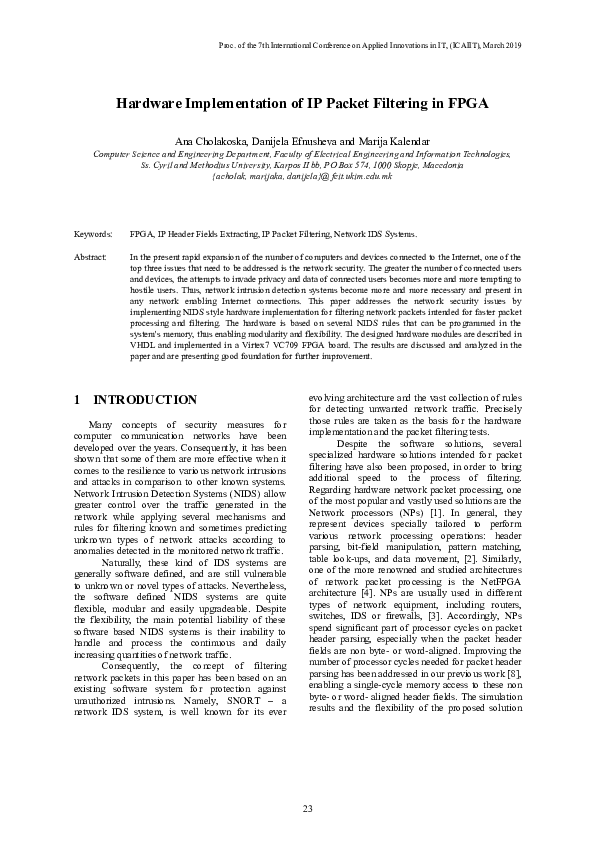 (PDF) Hardware Implementation of IP Packet Filtering in FPGA