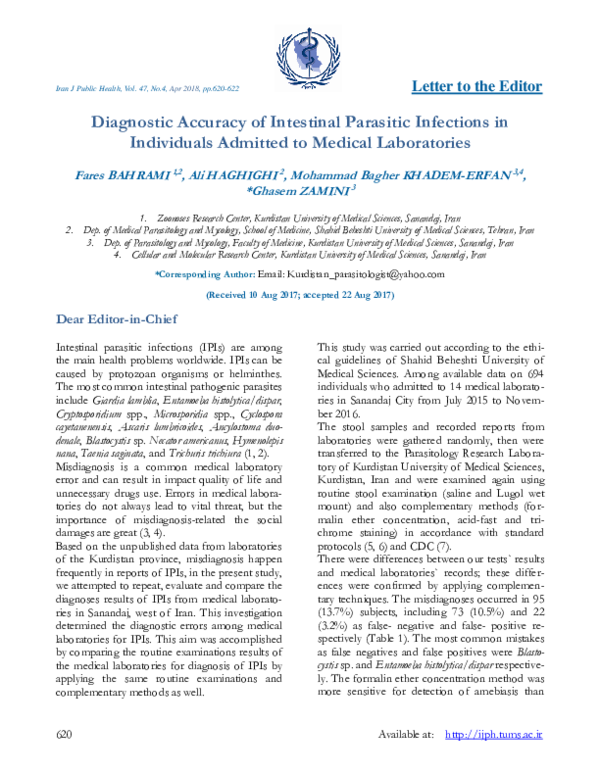 Pdf Letter To The Editor Diagnostic Accuracy Of Intestinal Parasitic