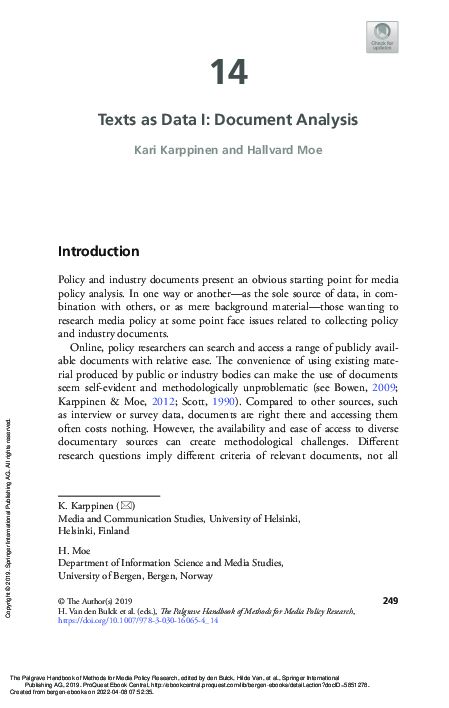 (PDF) Texts as Data I: Document Analysis