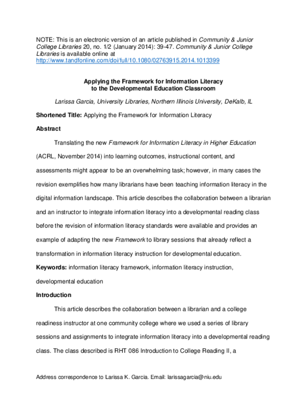 (PDF) Applying the Framework for Information Literacy to the ...