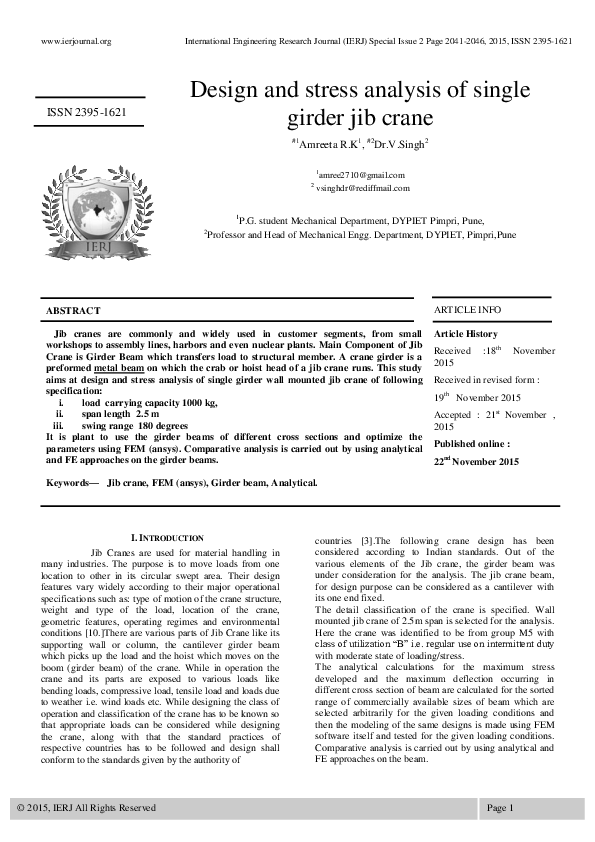 (PDF) Design and Stress Analysis of Single Girder Jib Crane amreeta