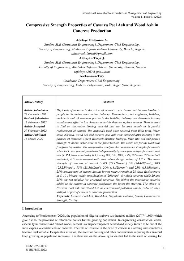 (PDF) Compressive Strength Properties of Cassava Peel Ash and Wood Ash