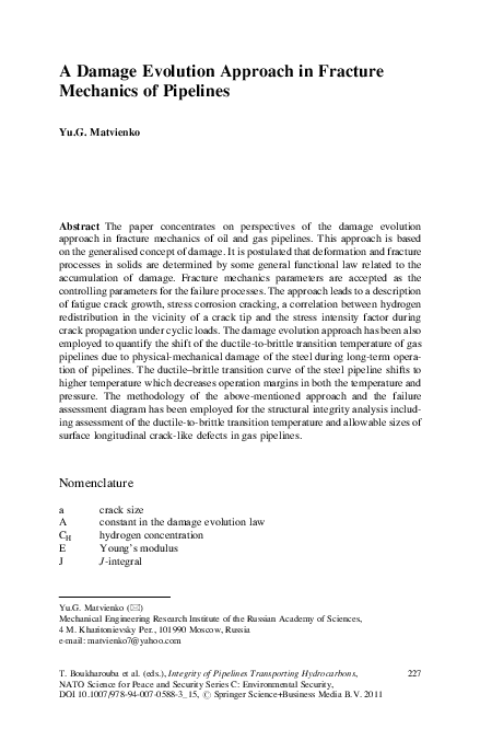 (PDF) A Damage Evolution Approach in Fracture Mechanics of Pipelines