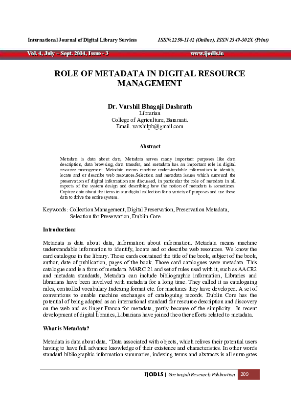 (PDF) Role of Metadata in Digital Resource Management