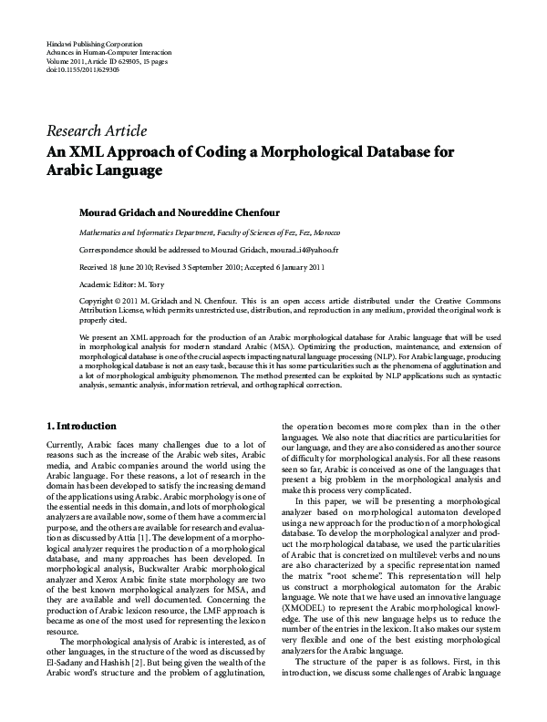 (PDF) An XML Approach of Coding a Morphological Database for Arabic ...